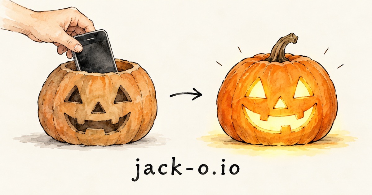 Watercolor of a hand dropping a phone into a pumpkin, which then glows as a jack-o'-lantern.